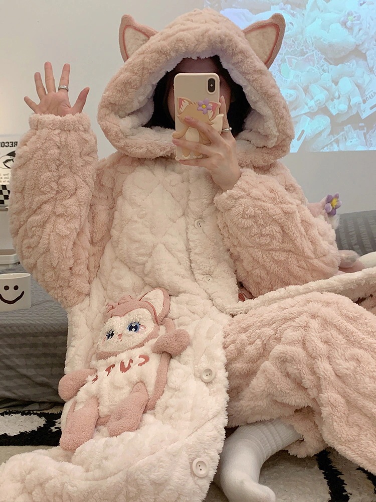 女性用秋冬パジャマ三層キルティングジャケットコーラルベルベットローブプラスベルベット厚みのある暖かいフランネルホームウェアセット