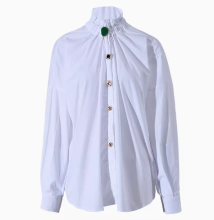 レディース トップス シャツ ブラウス 前開き スタンドカラー フレア フェミニン フリル リブ ボタン きれいめ シンプル カジュアル レトロ こなれ感 ラフ ガーリー ルーズ 個性的 クール