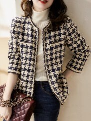 レディース ジャケット 長袖 襟なし 前開き かわいい 大人可愛い きれいめ カジュアル おしゃれ 個性的 クール モード系 エレガント モダン 主役級 存在感 かっちり 都会的 クラシカル 千鳥格子