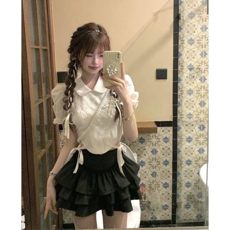 セットアップ ショート レースケーキスカート＋Tシャツトップスのツーピーススーツ セットアップ 夏の新作 セットアップ フレンチスタイル 韓国 スウェット ジャージ カレッジスタイル ジェントル