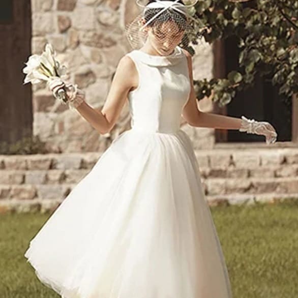 ドレス ワンピース ウェディング パーティー 結婚式 二次会 披露宴 衣装 膝下 ミモレ 袖なし ノースリーブ Uネック プリンセスライン フレア Aライン チュール 切り替えデザイン 可愛い