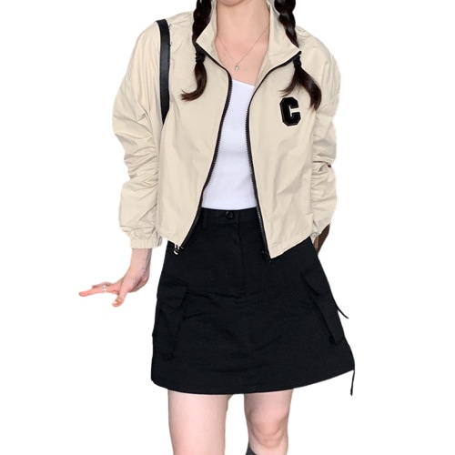 春ゆったりカジュアルレトロショートアルファベット刺繍長袖ジャケットコート女