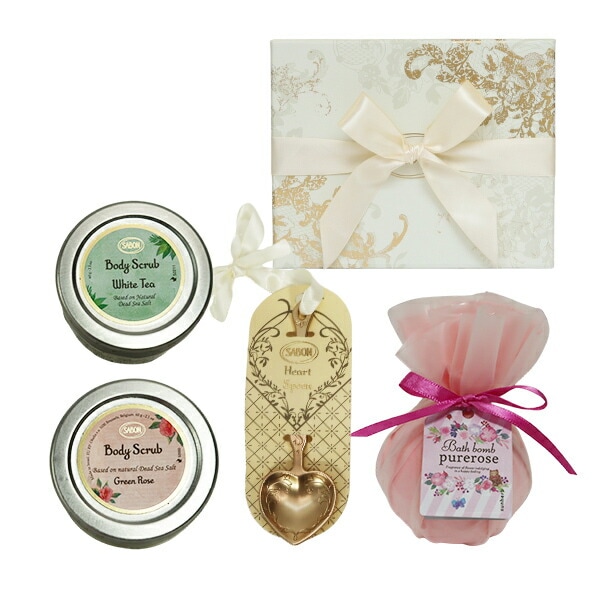 バスタイム満喫セット オリジナル4点セット ボディスクラブ60g (ホワイトティー・グリーンローズ各1個） ハートスプーン バスボム ボディケア バスタイム ギフト プレゼント 2025