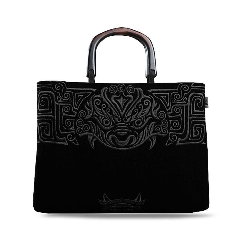 ハンドバッグ レディース メンズ チャイナ風 トート おしゃれ ファスナー ポケット マチ キャンバス 貔貅 神獣 刺繍 木製 ハンドル 手提げ 鞄