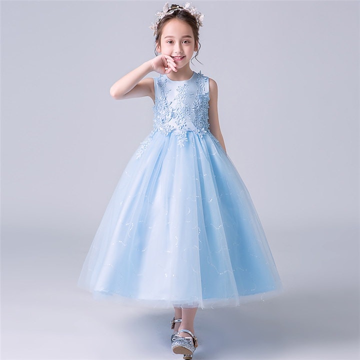 ブルー/ピンク/ホワイト　ロングドレス　子供ドレス　花柄　フォーマル　ワンピース　キッズ服 子供服 女の子 ワンピース 子ども　発表会　七五三　演出舞台　結婚式　卒業園　入園式 ピアノ　110-160