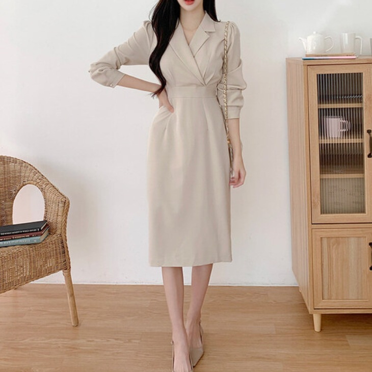 レディース スカート ワンピース ドレス タイトスカート 膝下 長袖 Vネック 襟付き ウエストリボン バックリボン スリット バックスリット ハイウエスト かわいい 大人可愛い きれいめ シンプル