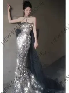 胸拭きイブニングドレス女性高級感司会者重工スパンコール成人式ワンピースフィッシュテール-34