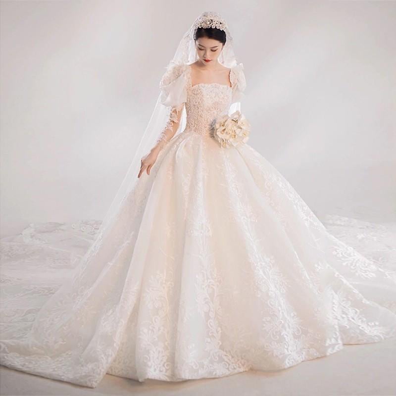 ウェディングドレス 二次会 結婚式 披露宴 ブライダル ロングドレス 長袖 パフスリーブ 花嫁 ウエディングドレス プリンセスライン オフホワイト 編み上げ 12,111円