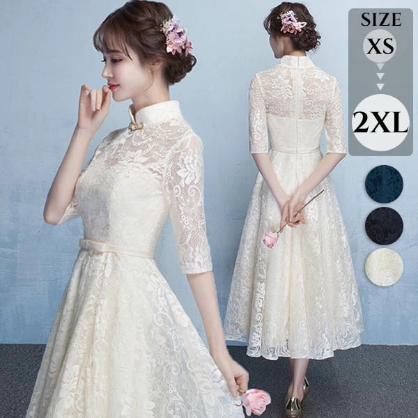 高品質大割引ロングドレス 演奏会 ドレス 大きいサイズ ピアノ 発表会 袖あり 袖付き 五分袖 ハイネック ミモレ丈 レディース ファスナー ワンピース Aライン パーティードレス フォーマル 花嫁