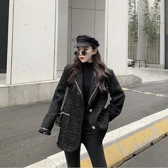 【取寄：納期2週間】ツイードジャケット 韓国 レディース 秋冬 アウター ジャケット ツイードコート フリンジ ゴールドボタン 大人可愛い フォーマル 長袖 ツイードジャケット 韓国 レディース 秋冬