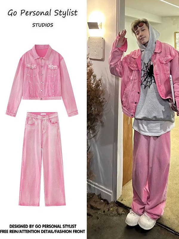【セットアップ】ピンクデニム ジャケット＋ストレートジーンズ セットアップ 上下セット ２点セット ツーピース オシャレ メンズ レディース ユニセックス デニム ジーンズ ボトムス カジュアル ダン