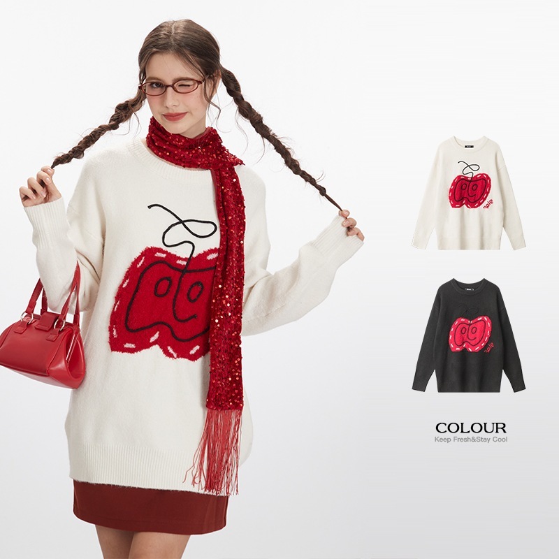 nariele 2024秋冬 ジャガード ラウンドネック ゆったりニット セーター レディース カップル刺繍