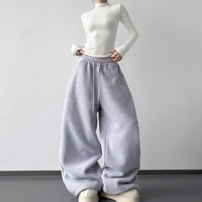 レディース パープルフリースパンツ 2025年冬新作 フリース裏地 厚手 カジュアル ゆったり 暖かい カジュアル ロングパンツ