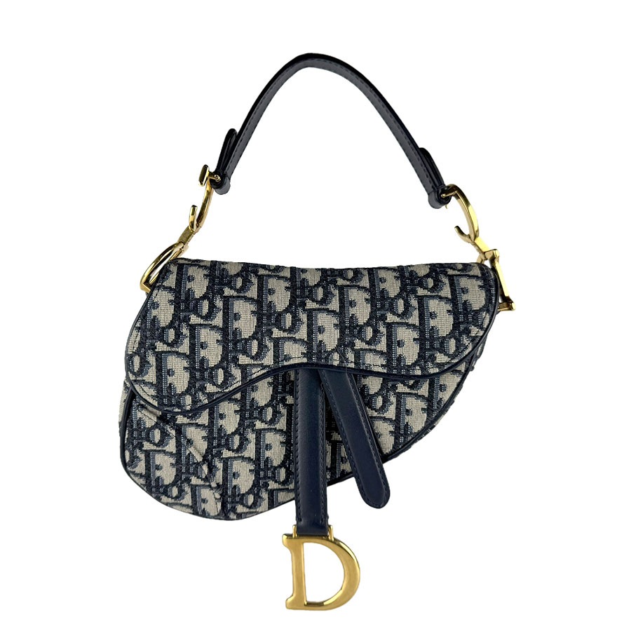 クリスチャンディオール Christian Dior ハンドバッグ ショルダーバッグ サドル ミニ キャンバス ネイビー ゴールド レディース z9987