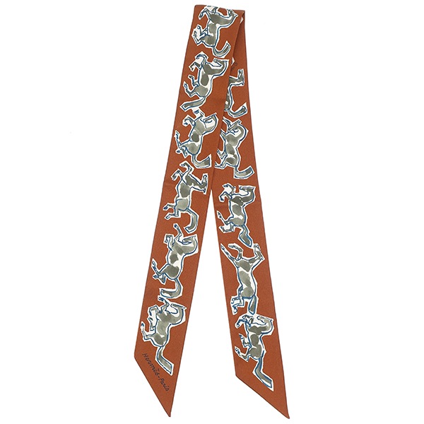 エルメス HERMES スカーフ ツイリー シルク キャラメル×カーキ×ホワイト 【CHEVAUX EN LIBERTE/自由の馬】 【中古】