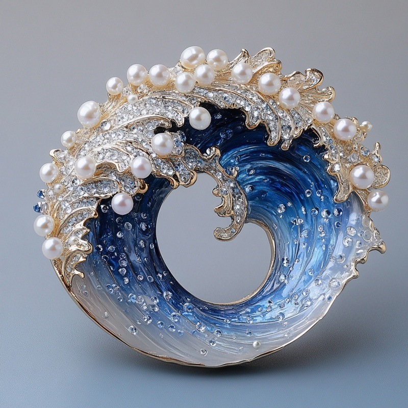西涼妃子豪華高級淡水真珠ブローチ 波模様ピン エナメルバッジ 海波モチーフコサージュ