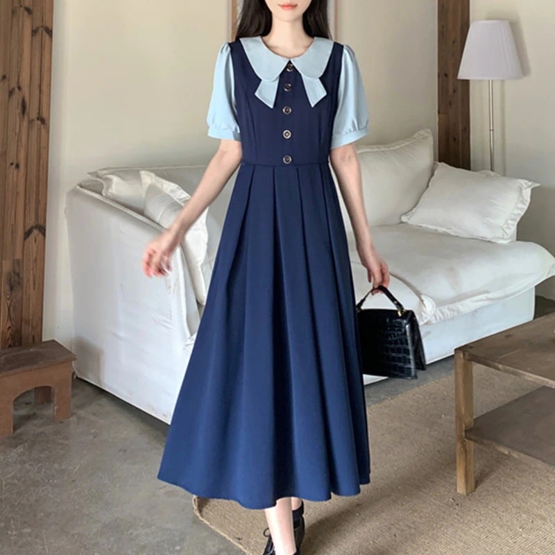 ビッグサイズフレンチシニアセンスシャツスプライシングフェイクツーピースロングドレス子供サマーエイジングカレッジスタイルブルードレス