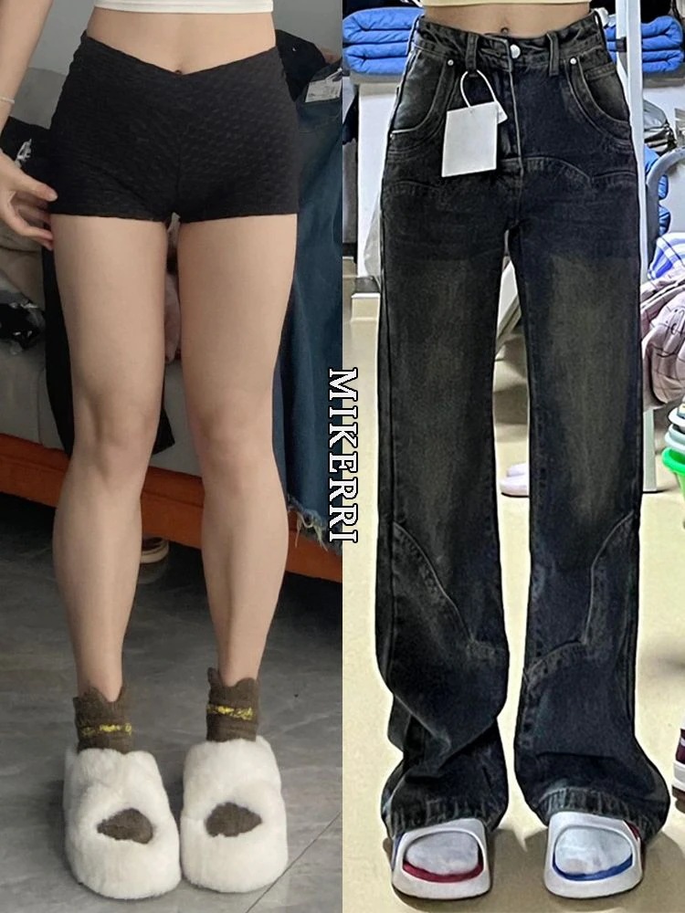 デニムパンツ マイクロフレアージーンズ 女性 大きいサイズ ハイウエスト ゆったり ワイドパンツ