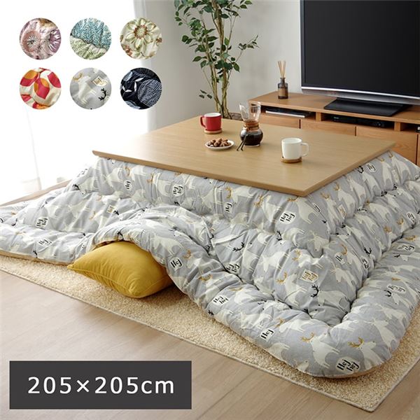 こたつ布団/寝具 掛け単品 正方形 植物 ブラック 約205205cm 日本製 洗える 綿100％ 耐久性 通気性 リビング