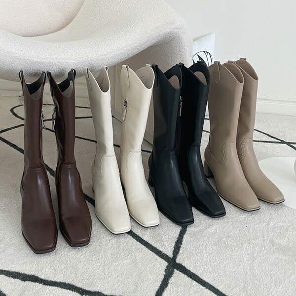 ミドルブーツ ウエスタンブーツ 牛革 スクエアトゥ ブラック コーヒー ベージュ アイボリー