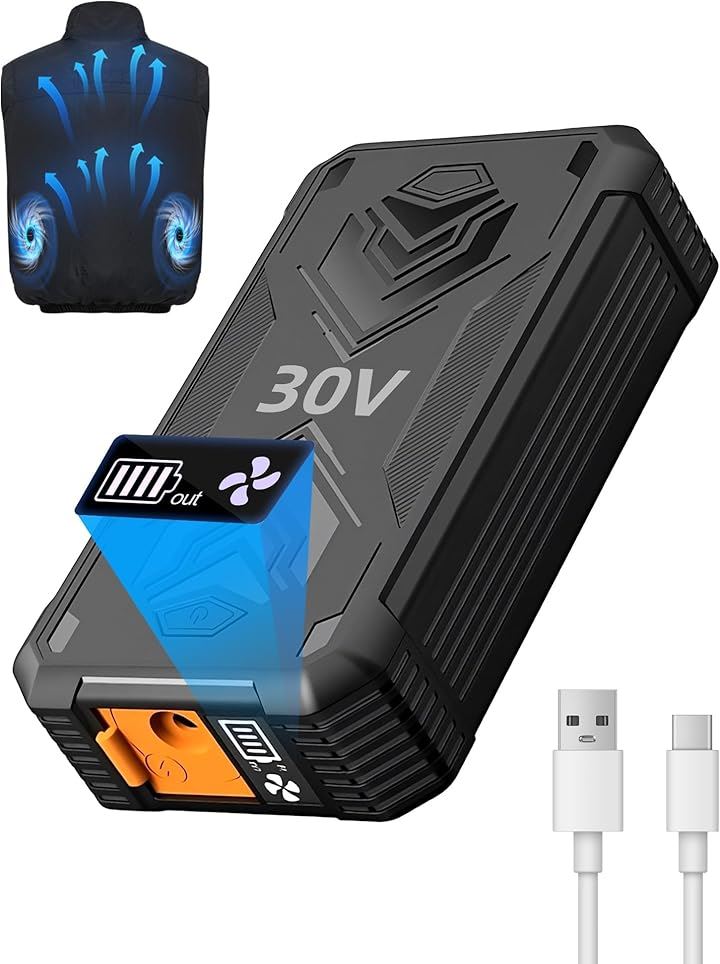 互換品空調作業服 バッテリー 30V 超高出力 30000mAh DC/USBデュアル出力 4段階風速調節 LED液晶ディスプレイ搭載(30V ファンバッテリー 30000mAh)