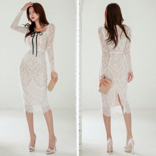 キャバドレス ナイトドレス ミディアムドレス ハイウエスト ワンピース キャバ嬢 キャバクラ ラウンジ 長袖 リボン シアースリーブ 膝丈 レディース グラシア