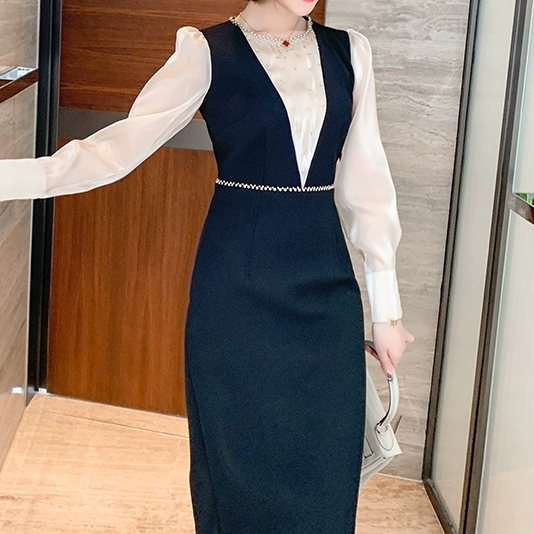 レディース ワンピース ミディアム丈ワンピース タイトワンピース ミディアム丈 長袖 シースルー ラウンドネック ウエストマーク 重ね着風 かわいい 大人可愛い きれいめ シンプル 上品