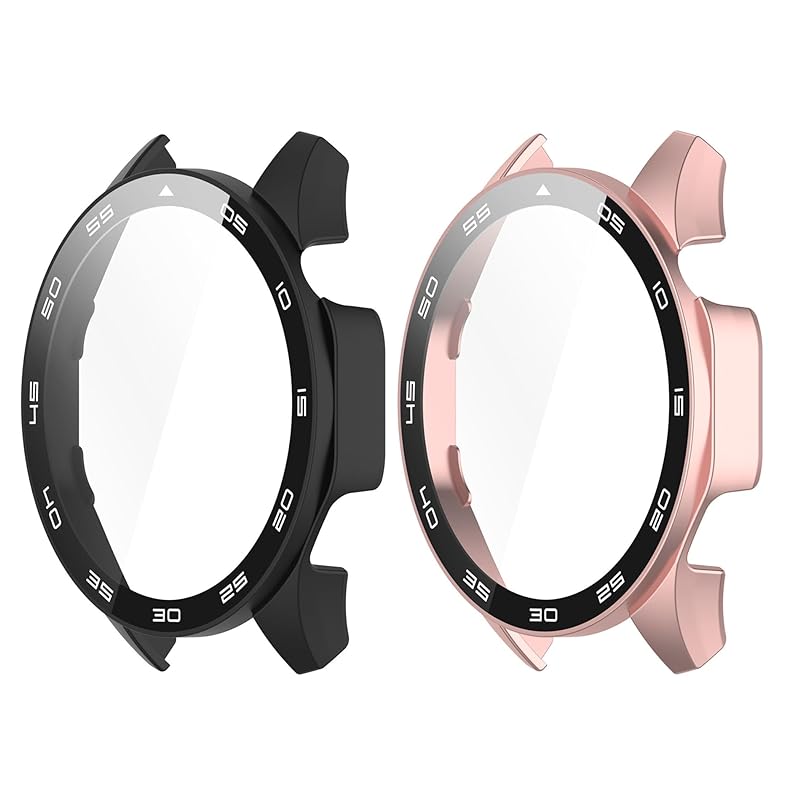 SHEAWA HUAWEI WATCH GT4 46mm用ケース カバー 2個セット PC+強化ガラスフィルム 数字印字 全面保護 9H硬度 一体型保護ケース 保護カバー 耐衝撃 アクセサリー (ブラ