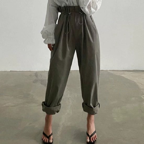 ワイドパンツ レディース パンツ ハイウエスト シャーリング ウエストマーク リボン ひも ボリューム ストリート コットン 黒 ブラック かわいい カジュアル ガーリー おしゃれ 体型カバー