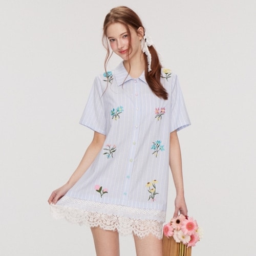 ヴィンテージフローラルレースストライプロングシャツワンピース