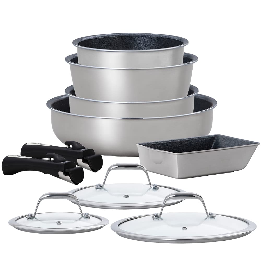 アイリスオーヤマ フライパン 鍋 10点セット 深型 フライパンで煮物も作れる 魅せるキッチン ガス火/IH対応 お手入れ簡単 丈夫で長持ち ステンレス ダイヤモンドグレイス DG-S10S シルバー