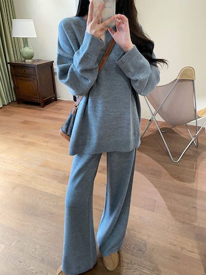 今週まで.値.引.きニットセット 秋冬Vネックセーター ワイドパンツ ツーピース