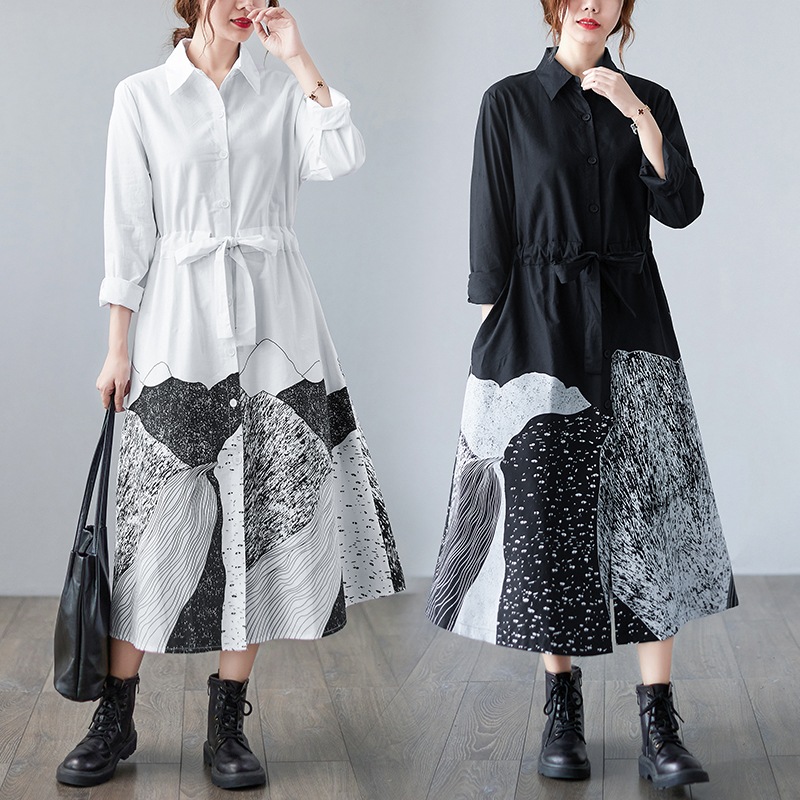 シャツワンピース長袖ウエストマークワンピ前開きレディース前ボタン留めロングワンピース