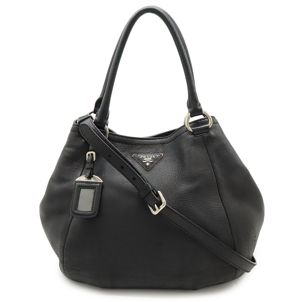 トライアングルロゴ トートバッグ 2WAY ショルダーバッグ レザー NERO 黒 ブラック シルバー金具 海外ブティック購入品 B2343