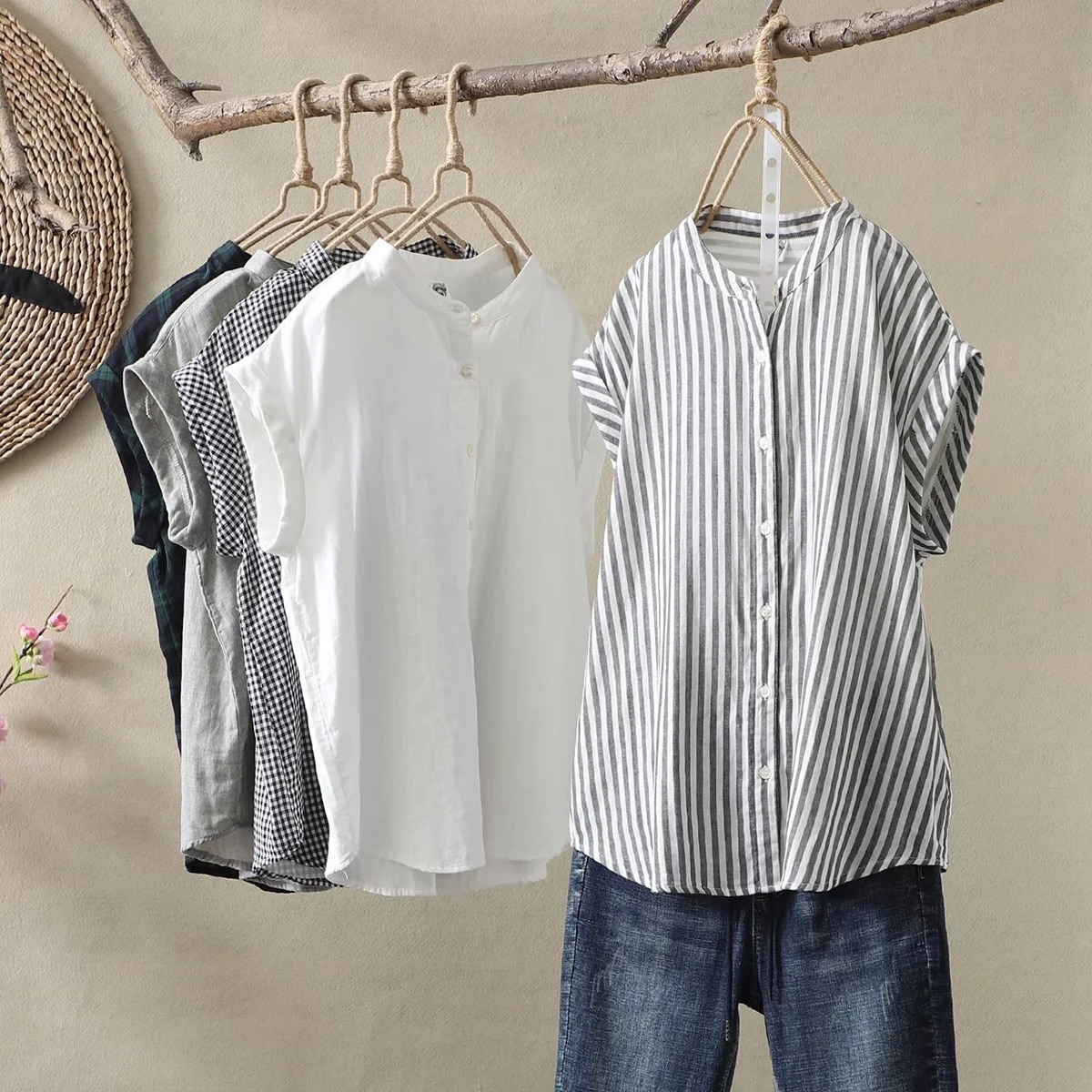 【1つ買うと10つ無料】2122レトロ文学二重層コットンヤーン半袖シャツ女性夏カジュアルスタンドカラーシャツ