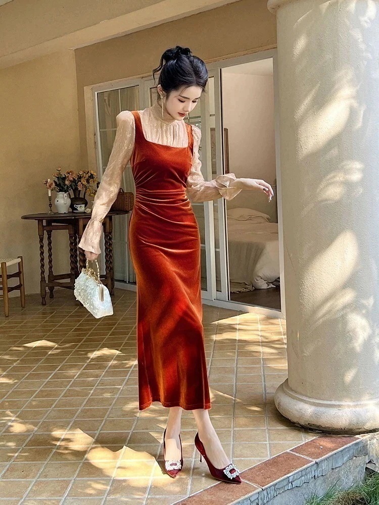 【JY.上品】 春冬 ドッキングワンピース ベルベット パーティードレス キャバ 着痩せ 大人 お呼ばれ 同窓会 披露宴 卒業式 結婚式 ウェディング 二次会