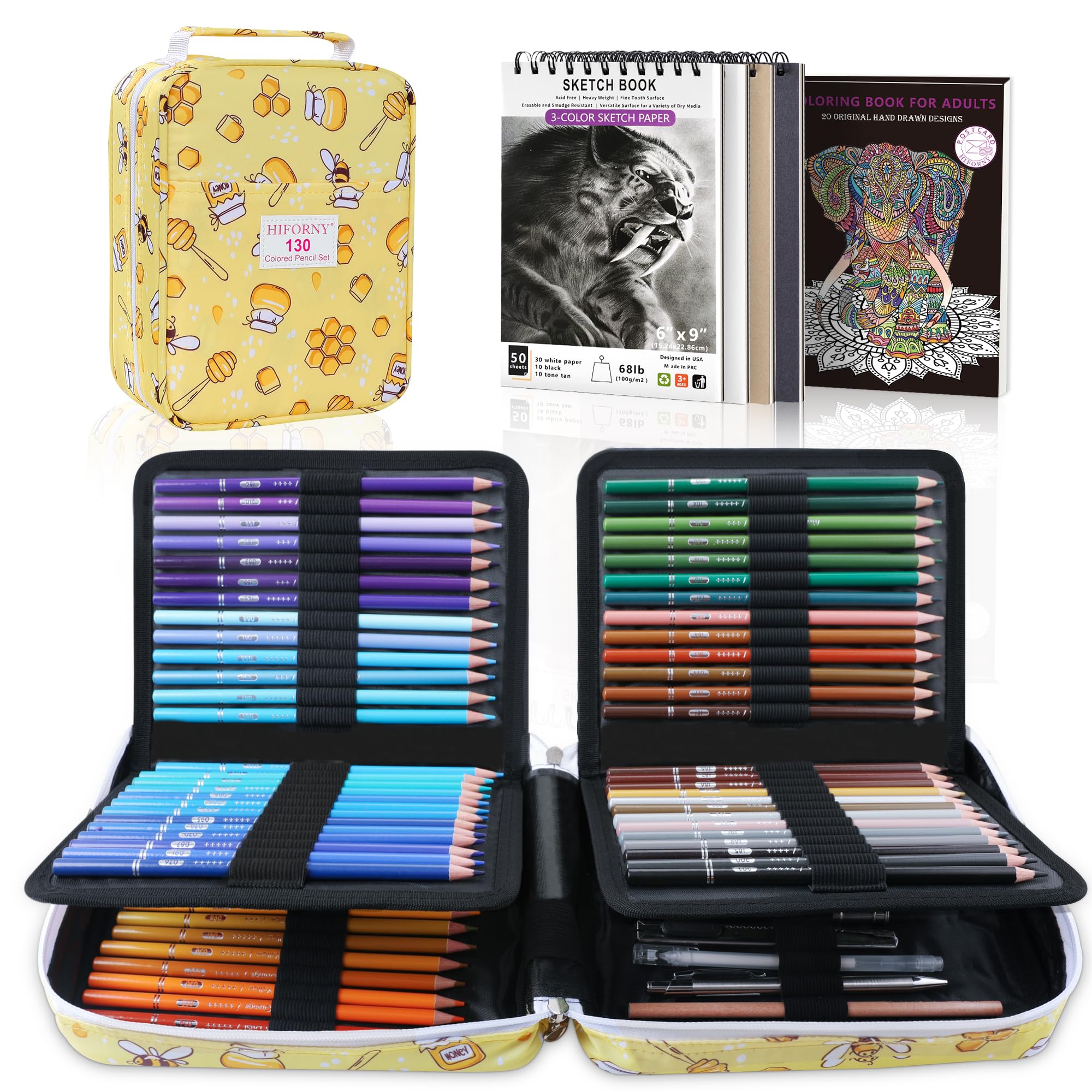 HIFORNY 130色鉛筆セット 大人用 塗り絵 120色 3色のスケッチブック付き 大人用塗り絵 シャープペンシル 0.5 無色のブレンド