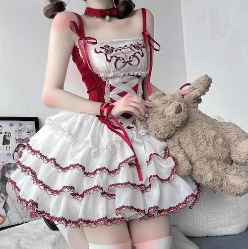 ハイウエストバレエ風ワンピース フランス式 オートクチュール ロリータ パッチワーク レース カラーブロッキング メッシュ 蝶ネクタイ ポンチョ スウィート かわいい プリンセスドレス