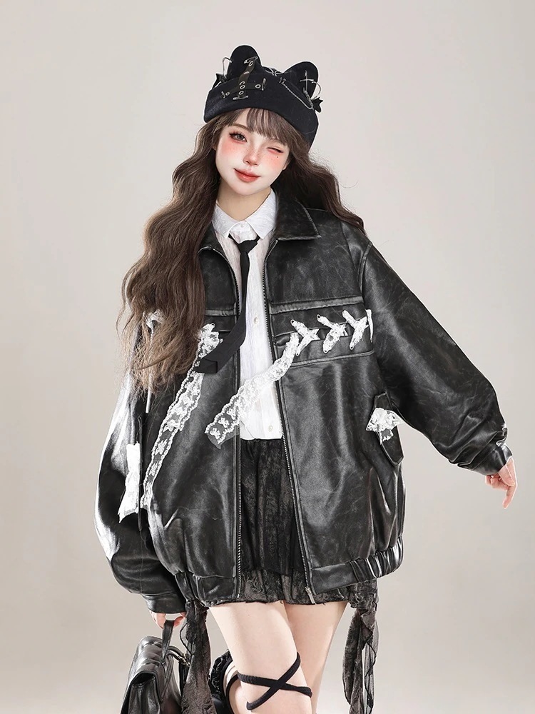 アウターライダースジャケットアウター 羽織り合成レディースフェイクコーデカジュアルシルエットゆったりファッション系サイズ 異素材MIX防寒 色っぽ かわいい ジャケット 女っぽきれいめ大人裏丈黑 長袖