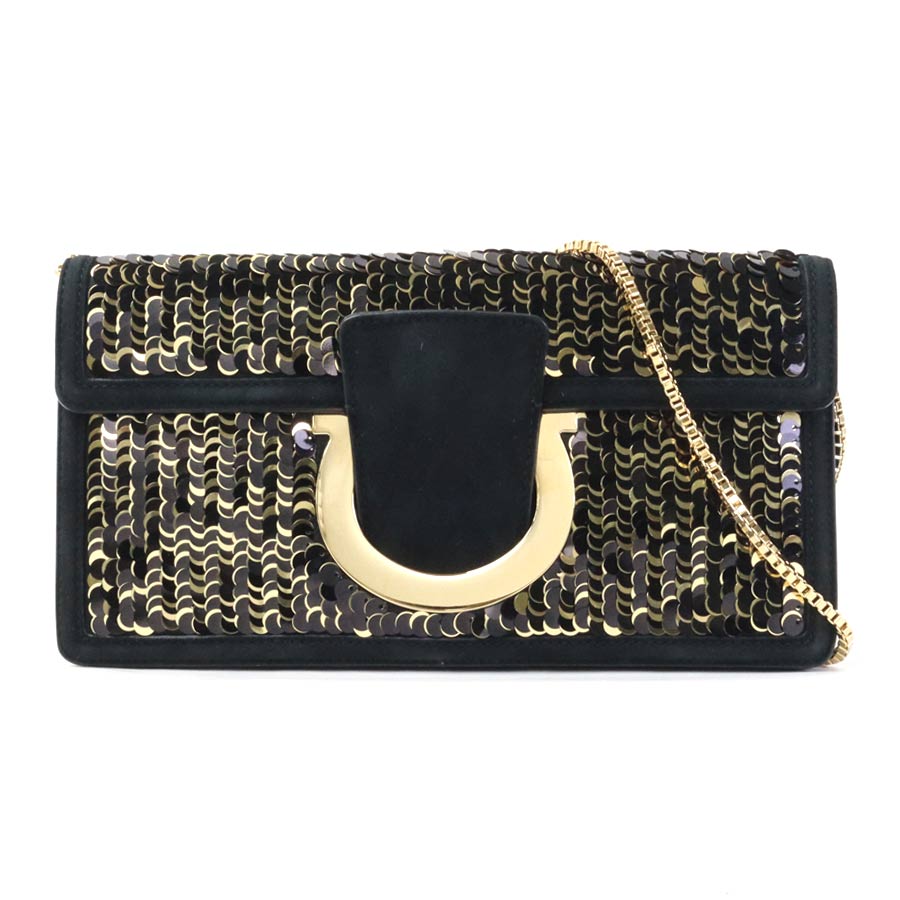 サルヴァトーレフェラガモ Salvatore Ferragamo ショルダーバッグ クラッチバッグ ガンチーニ スパンコール/ヌバック ブラック/ゴールド ゴールド レディース e60495g