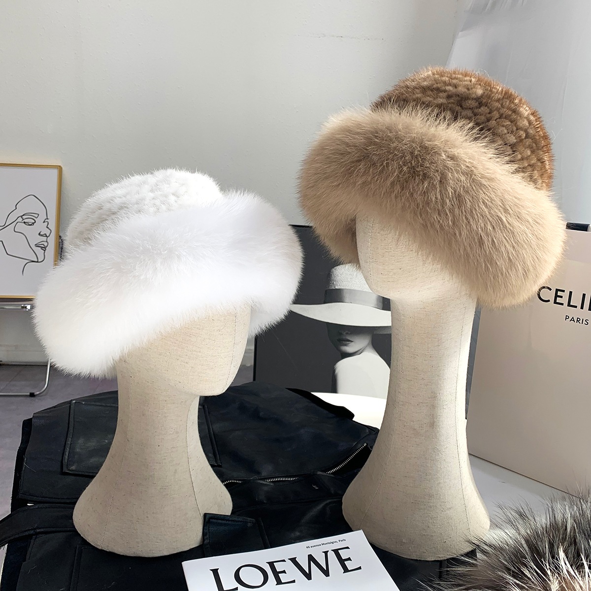 ミンクの毛帽子子供秋冬ミンクの毛狐の毛漁師帽ミンクの毛皮の麦わら帽子冬のファッション保温ポット帽