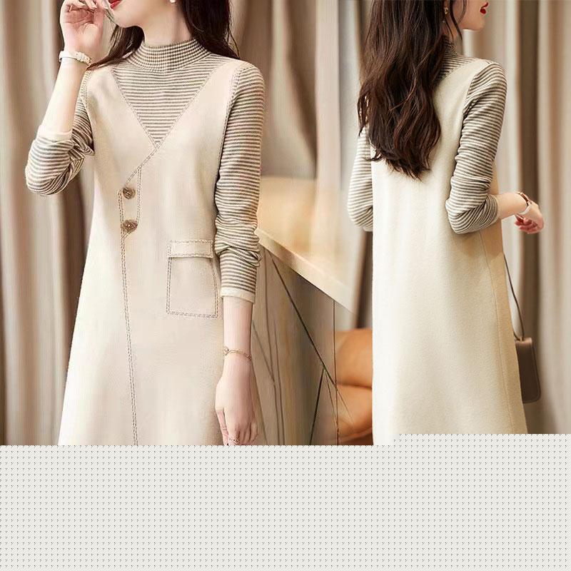 新商品プロモーション ニットワンピース レディース ヨーロッパ風 レイヤード 着やせ スカートトレンド Aライン 長袖 プルオーバー クルーネック 条柄 オシャレ カジュアルニットワンピース レディー