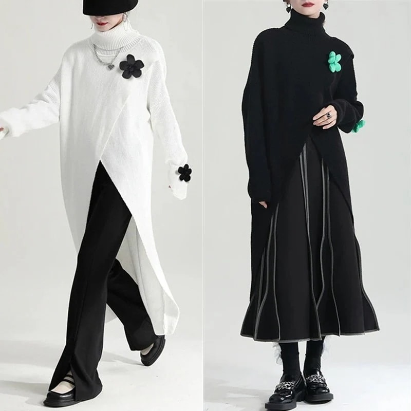 【J.Fashion】 ロング今週の割引は 25% オフです ニットカーディガン ロング丈 スリット ニット 無地/クロバー飾り ワンピース風 セーター カシミヤタッチ ブラウス メガ割