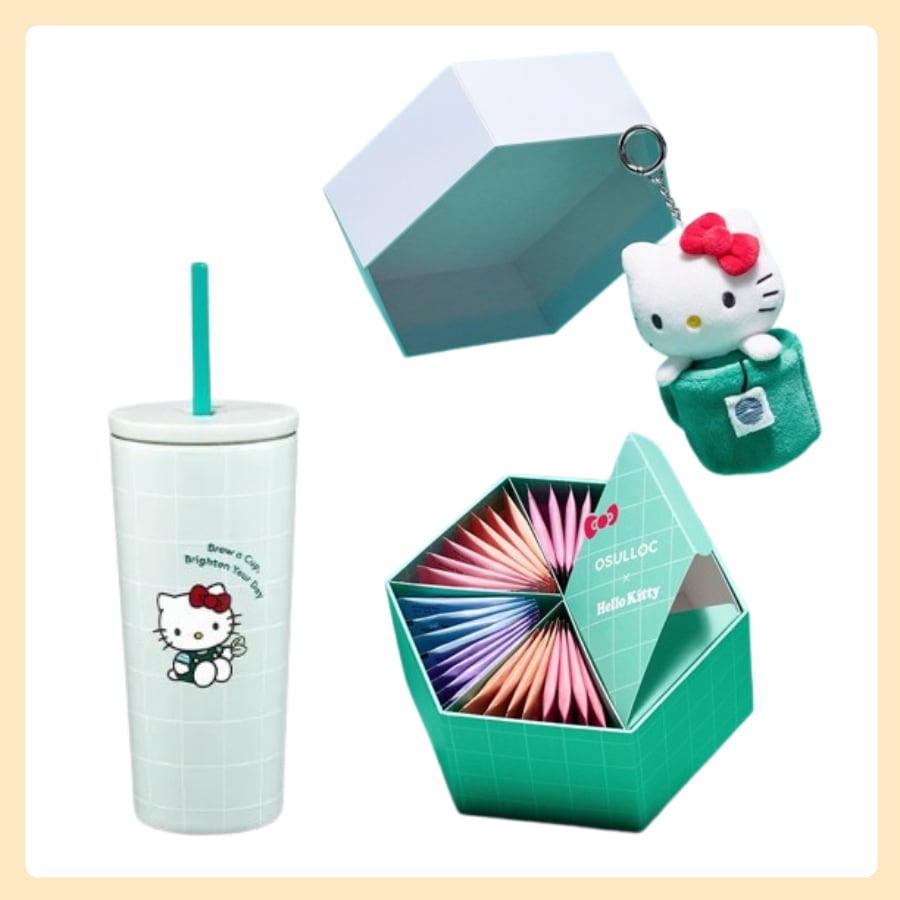 [OsullocXハローキティ]ティータイムエディション + ハローキティ キーホルダー+タンブラー550ml ギフト(紙袋付き)