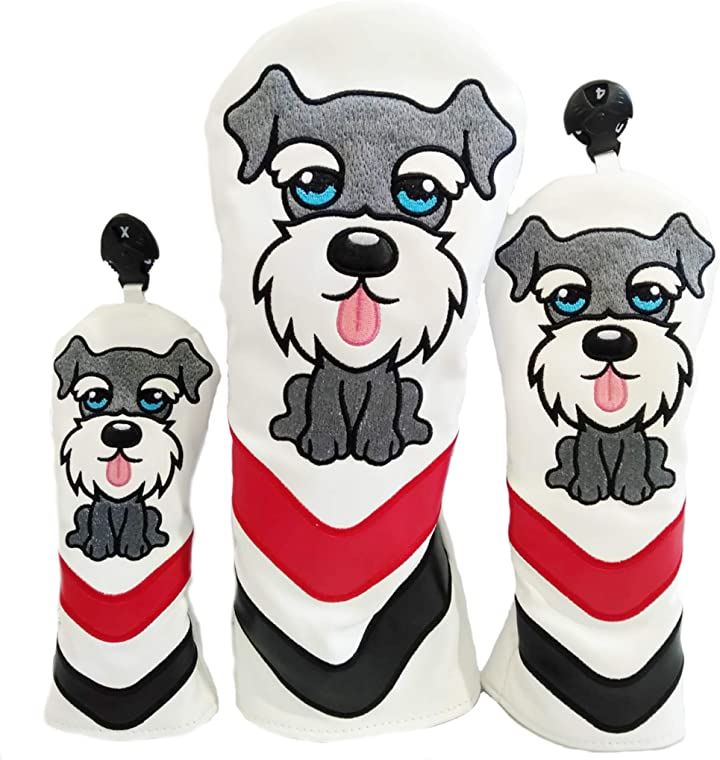ゴルフカバー シュナウザー ゴルフ用品 かわいい 3点セット(白, SML 3点セット)