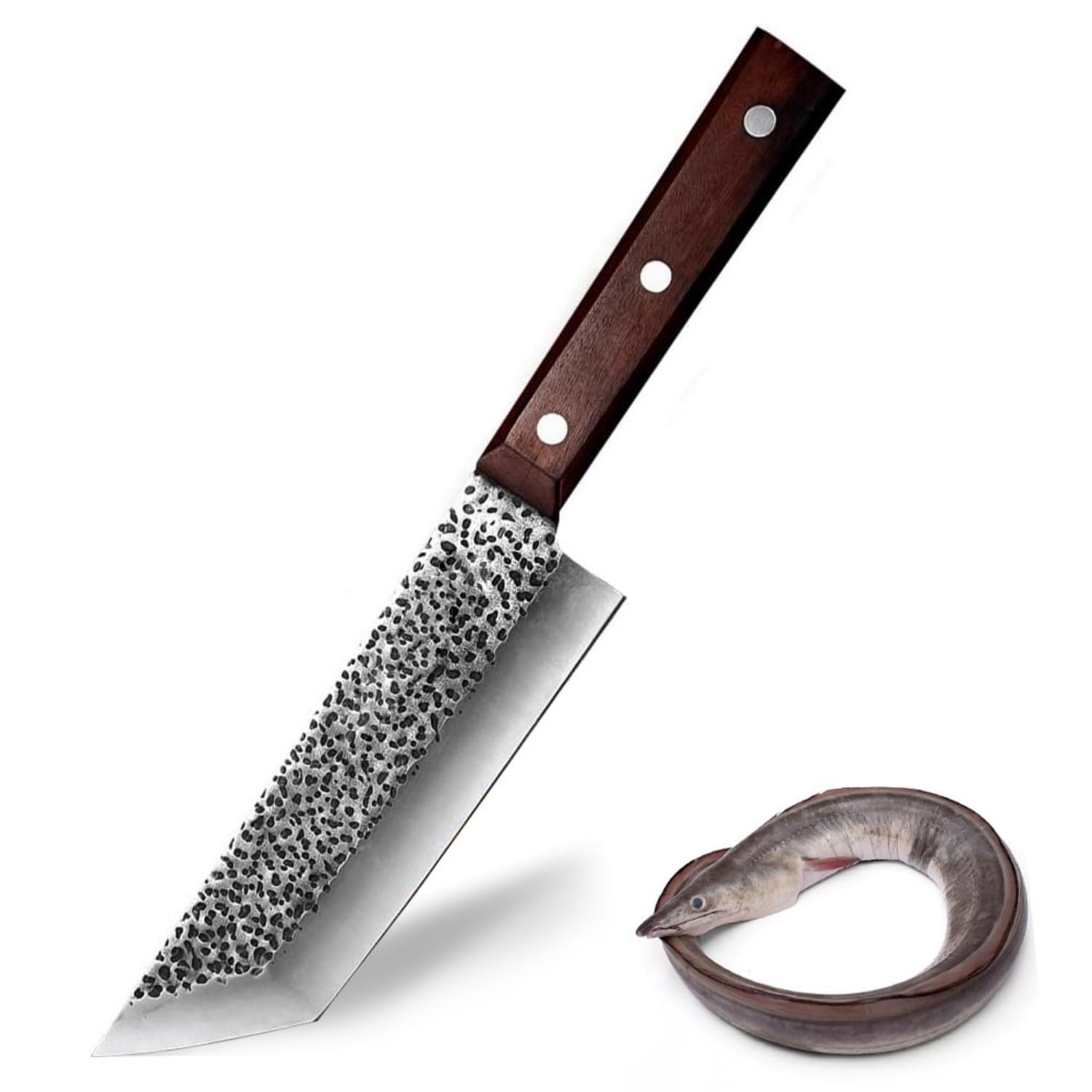 うなぎ包丁 刃渡り17cｍ 関東型 槌目磨き 両刃 8Cr18MoV鋼 ローズウッド 和包丁 料理包丁 左利き対応 ウナギ裂き