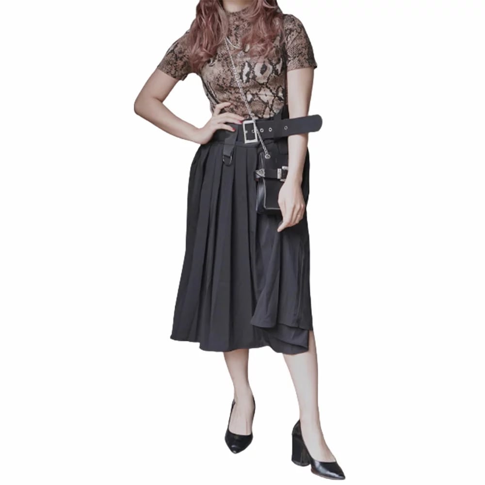 Pleats Flare Jumper Skirt *with Belt (black) A.D.Gレディースファッション