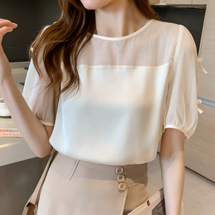 トップス カットソー 半袖 パフスリーブ ラウンドネック ストレート 切り替えデザイン シフォン リボン 透け感 シースルー 薄手 かわいい 大人可愛い きれいめ シンプル 大人 上品 おしゃれ 5,443円