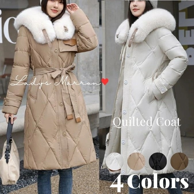【即納】キルティングコート キルトコート レディース ロングコート ダウンコート ダウンジャケット ファー付きコート ファー 黒 白 レディース 中綿 ベンチコート 無地 フード付き 冬 ロング丈 可