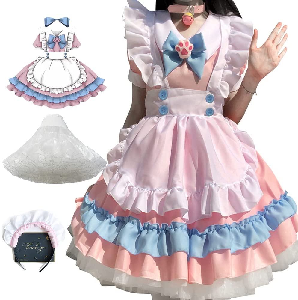 LA-Hazel 7点セット メイド服 パニエ付け ピンク 半袖 メイド服 コスプレ 衣装 S